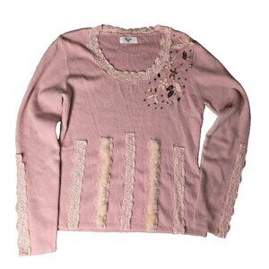 VINTAGE Saint André Italy Pink Wool Blend Sweater Lace Faux Fur Beads Sequin S/M